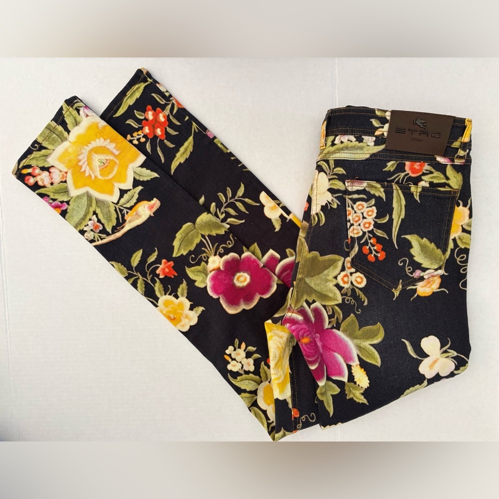 Etro Milano Designer Black Multicolor Floral Skinny Pants Size 29 Made In Italy - Picture 4 of 15